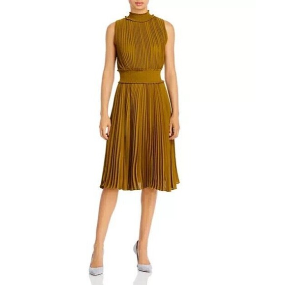 NWT Nanette Lepore Womens High Neck Pleated Smocked A-Line Dress Yellow 2 - Picture 2 of 13